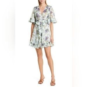 ByTiMo Ruffle Chiffon Wallpaper Floral V-Neck Mini Dress Size L New with…